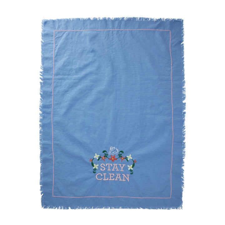 Enzymgewaschenes Baumwoll-Geschirrtuch mit „Stay Clean“-Print – Blau