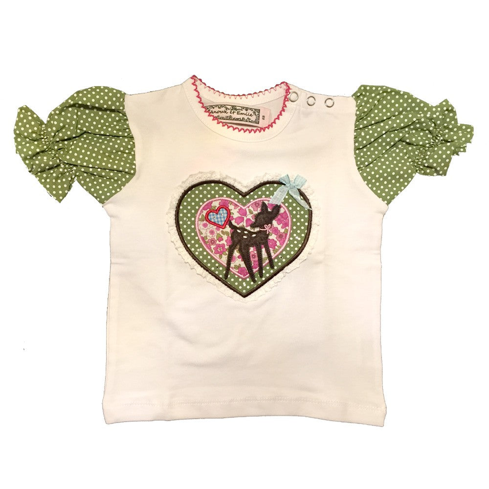 Mädchen Trachten-Shirt mit Puffärmel grün Herz & Bambi