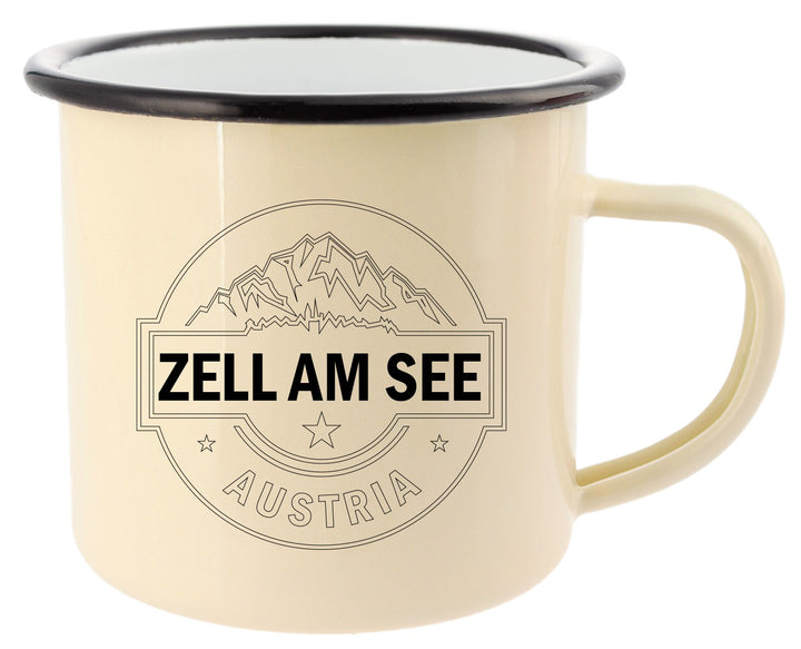 Emaille-Tasse "Zell am See" Berge versch. Farben