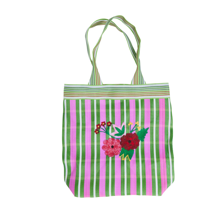 Recycelte Plastik-Einkaufstasche - Grün mit Rosa Streifen