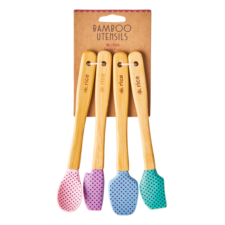 Silicone scraper with bamboo handle in different colors and white dots - set of 4
