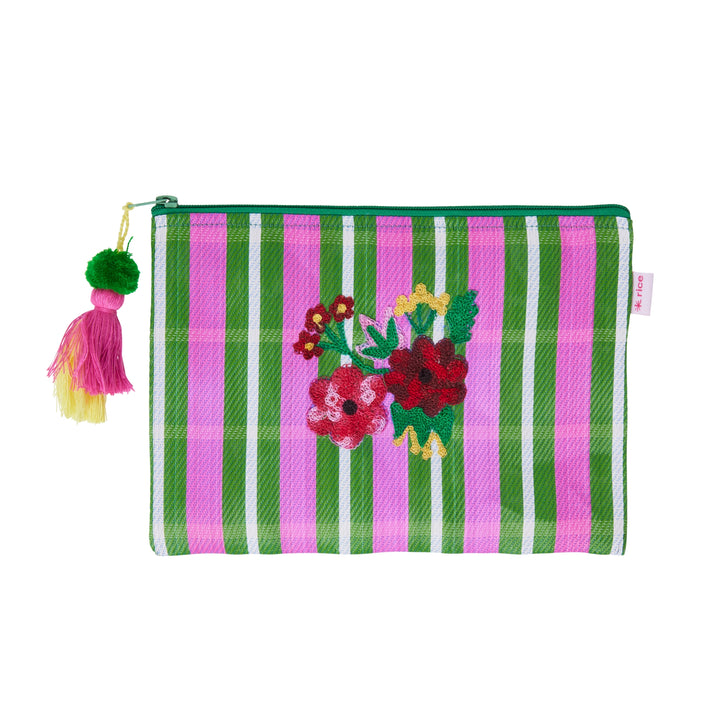 Recycled Plastic Pouch Bag - Green &amp; Pink Stripes